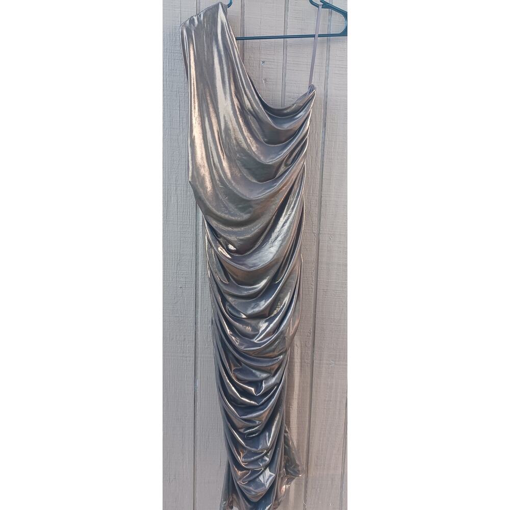 Fashion Nova Metallic Pewter Ruched One Shoulder Maxi Dress Large Y2K Glam - Picture 4 of 8